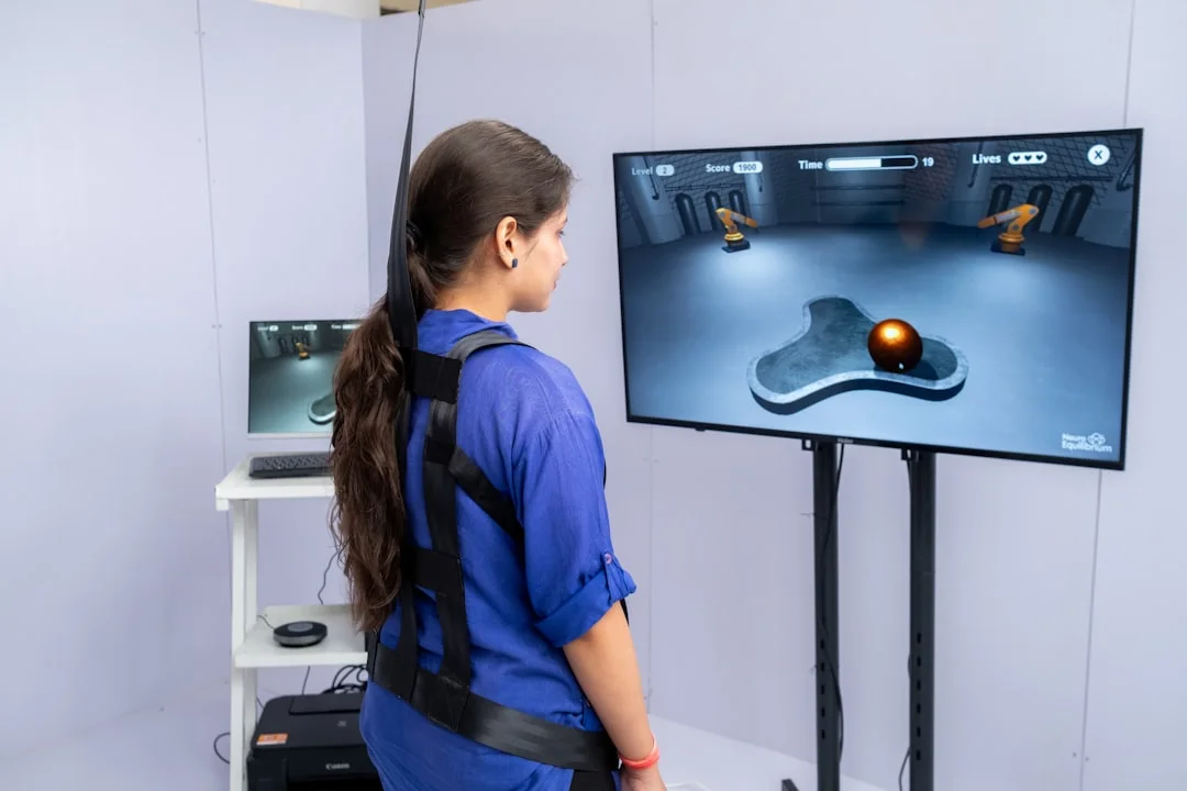 A young woman using an eye-tracking AAC device mounted on a wheelchair tray, communicating with a speech-language pathologist in a bright therapy room